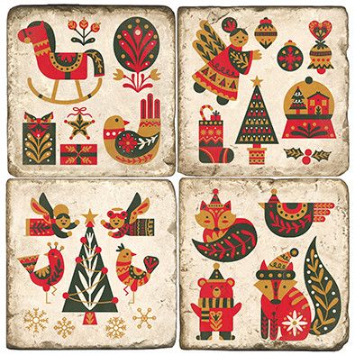 Scandanavian Holiday Tumbled Marble Coasters (Set of 4), Style: Coaster Set Only