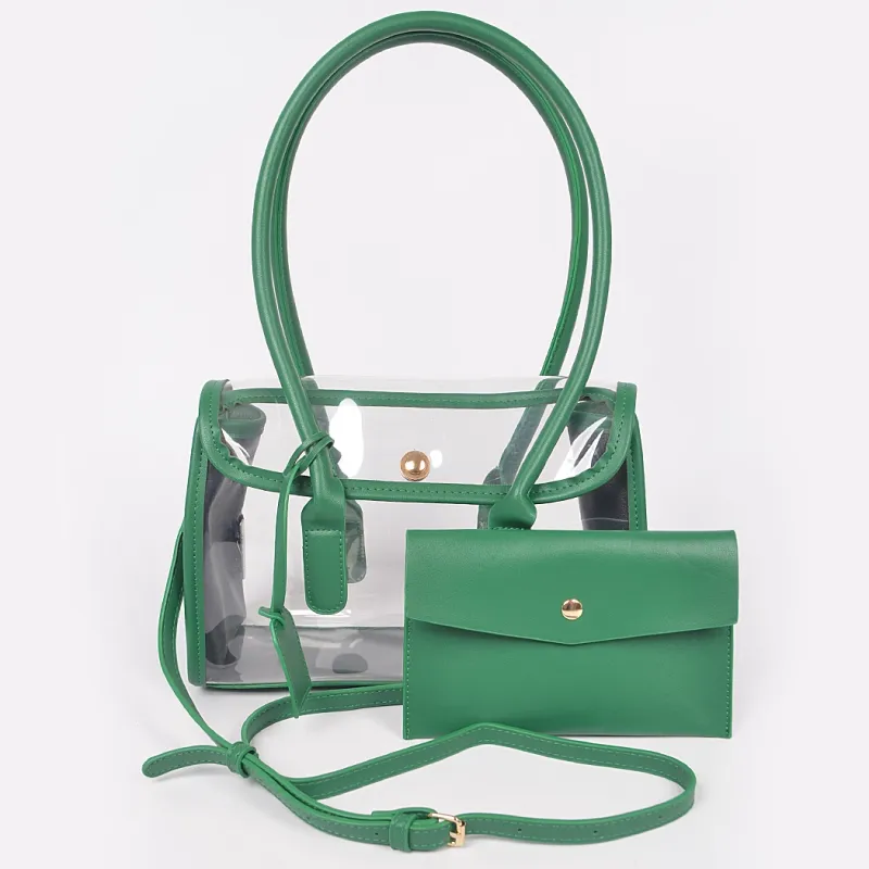 Faux Leather Trimmed Clear Bag, Green