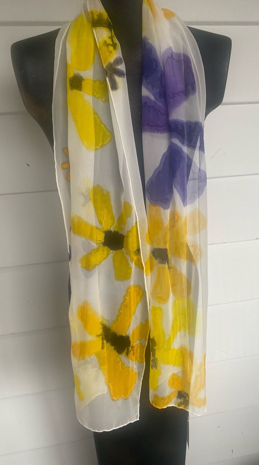 Hand-Painted Silk Chiffon Daisy Scarf