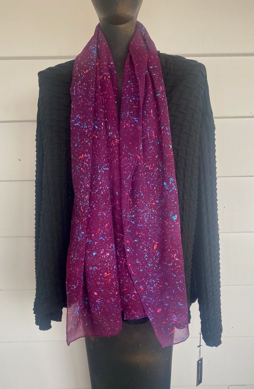 Hand-Painted Silk Chiffon Purple Splatter Print Scarf