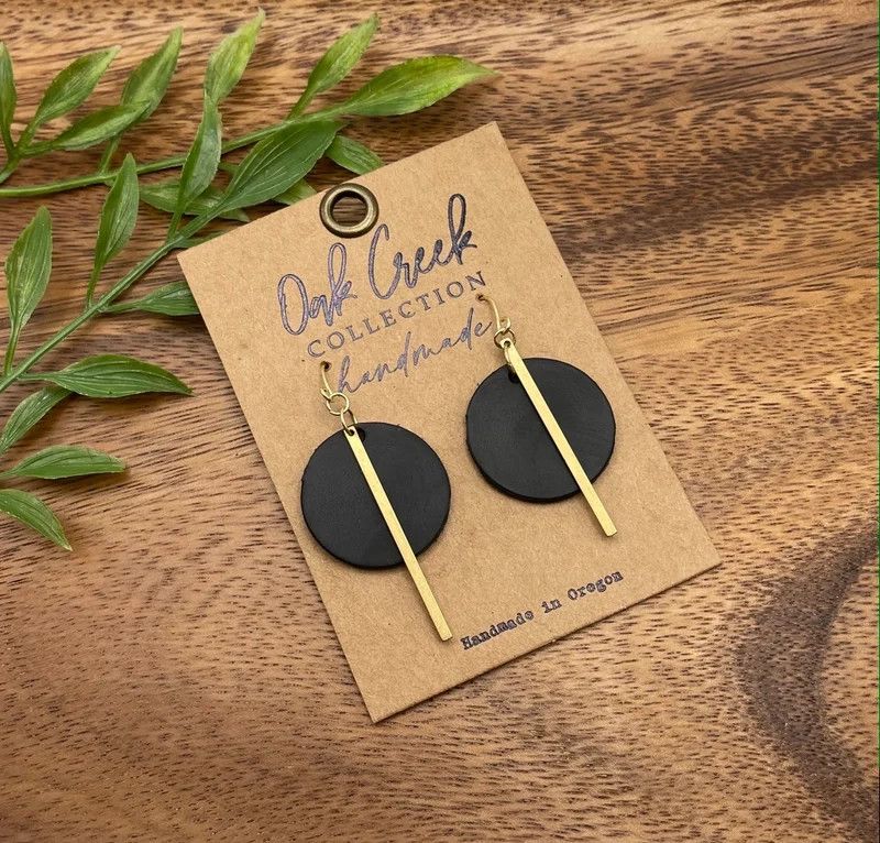 Leather Round with Gold Bar Earring