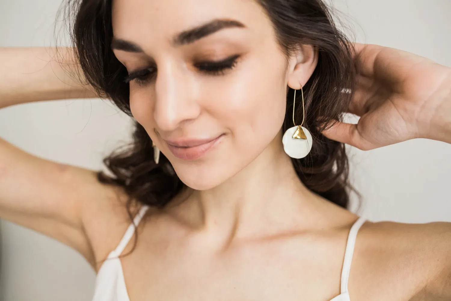 Triangle Gold Drop Over White Porcelain Earrings