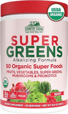 COUNTRY FARMS Super Greens - Alkalizing Formula Berry 300 grams (fiber 5g, sugars 3g, protein <1g, calcium 14mg, potassium 130mg, superfood blend 10g, probiotic blend 100micfu)