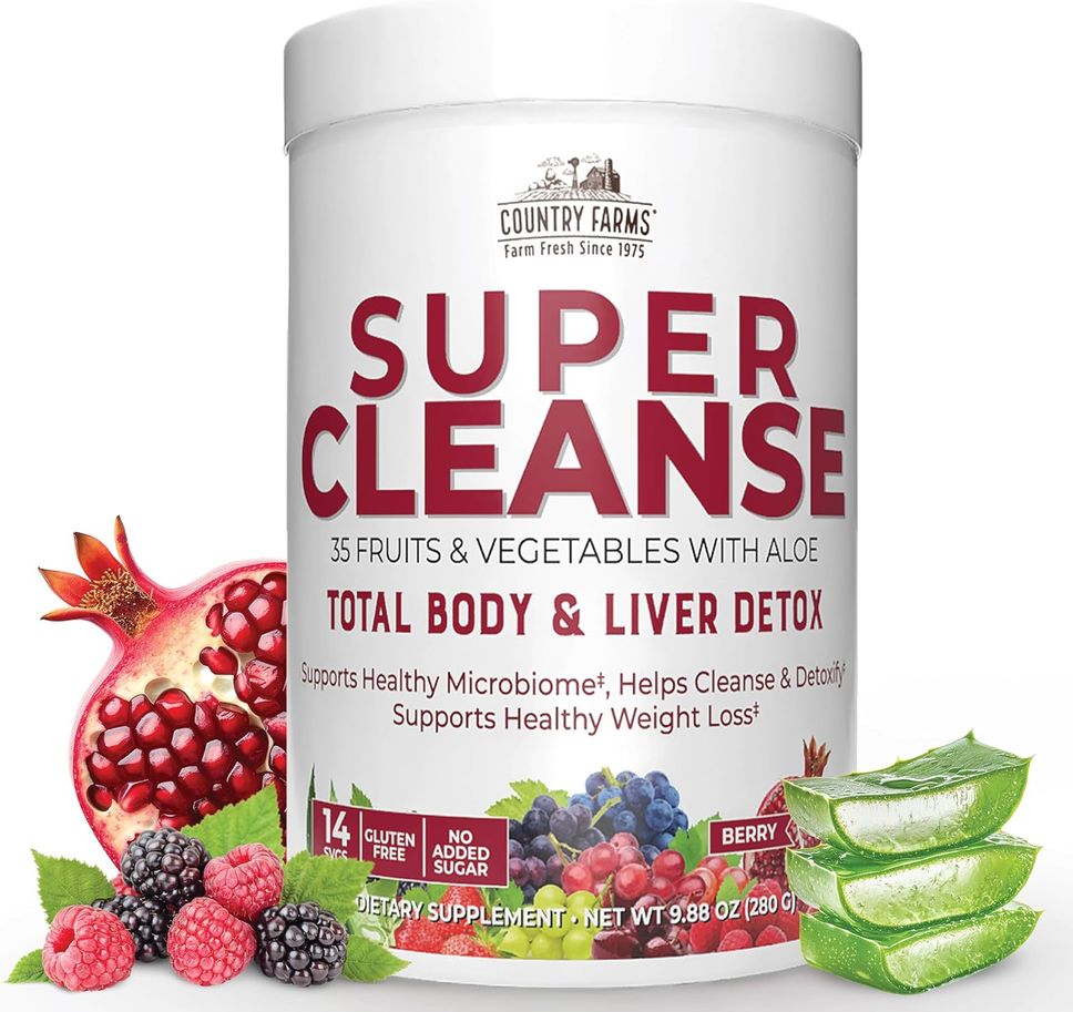 Country Farms Super Cleanse (powder 280grams, Berry flavor, fiber 4g, sugars 1g, sodium 25mg, fruits, vegetables, prebiotics, phytonutrients, antioxidants, gluten free, no added sugar)
