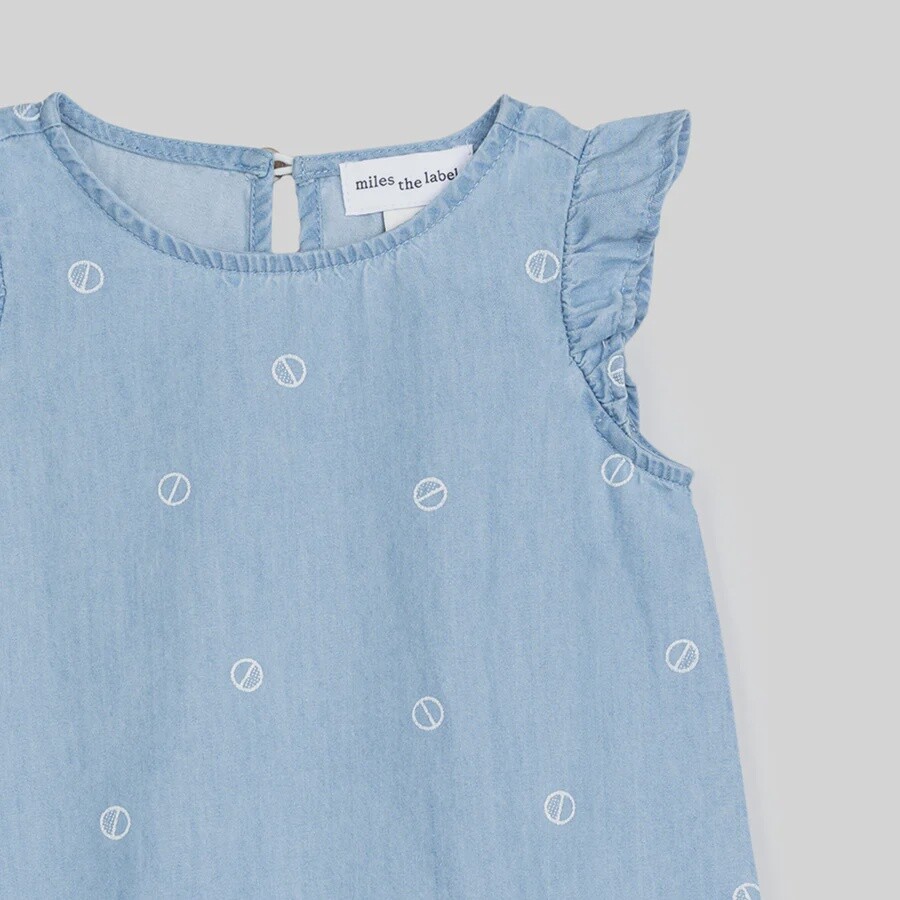 Sleeveless Girls Dress, Colour: Wheel Print on Chambray, Size: 6Y