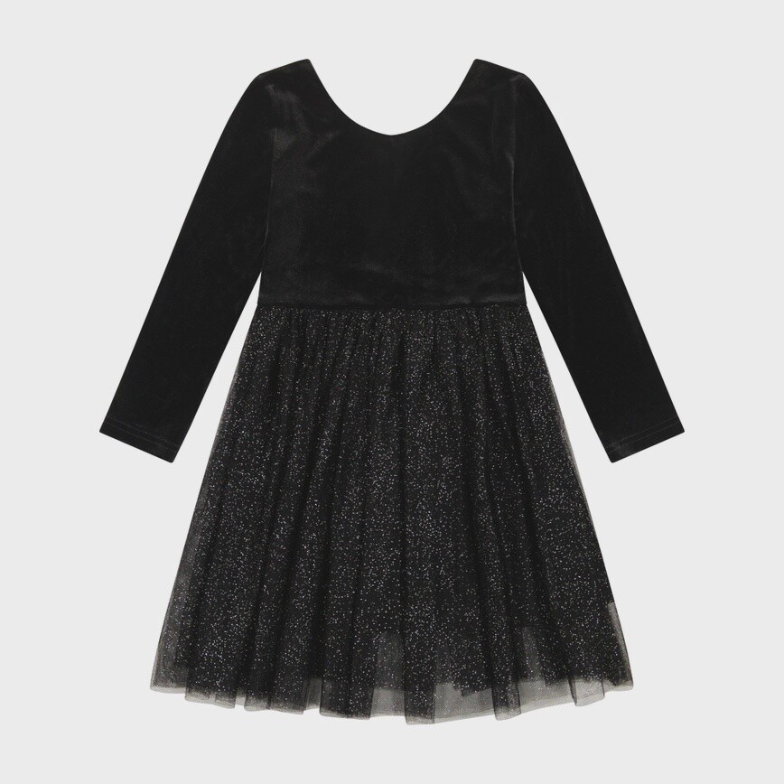 Girls Long Sleeve Tulle &amp; Velvet Dress - Celeste