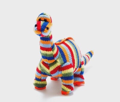 Knitted Diplodocus Dinosaur Baby Rattle in Rainbow Stripes