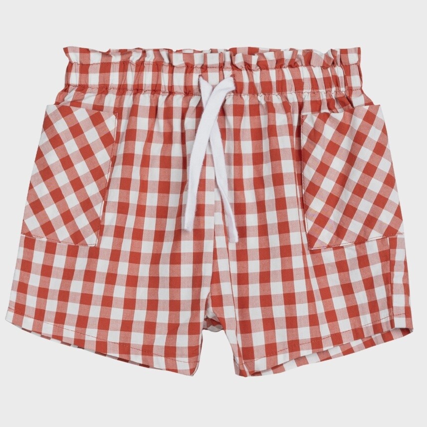 Girls Gingham Poplin Paper Waist Shorts - Brick
