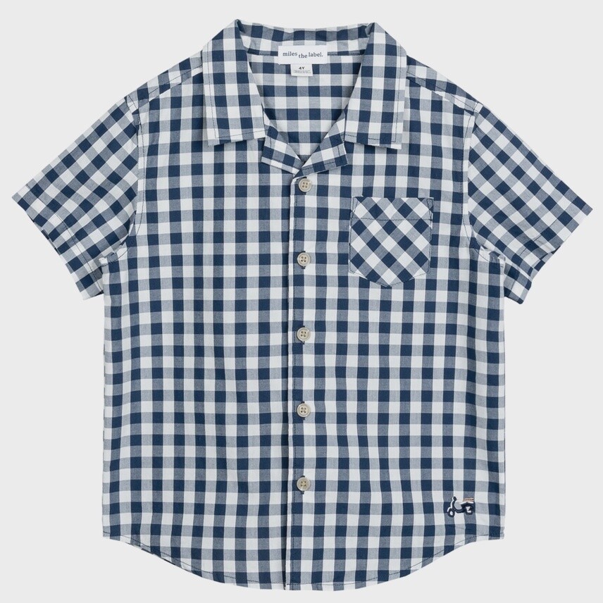 Boys Gingham Poplin Short-Sleeve Shirt - Navy, Size: 2Y