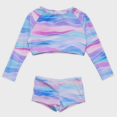 Girls Long Sleeve Rash Guard Bikini - Water Hues