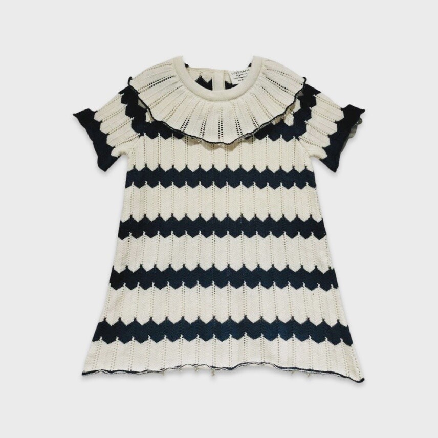Baby Short Sleeve Knit Sweater Dress - Cream &amp; Navy