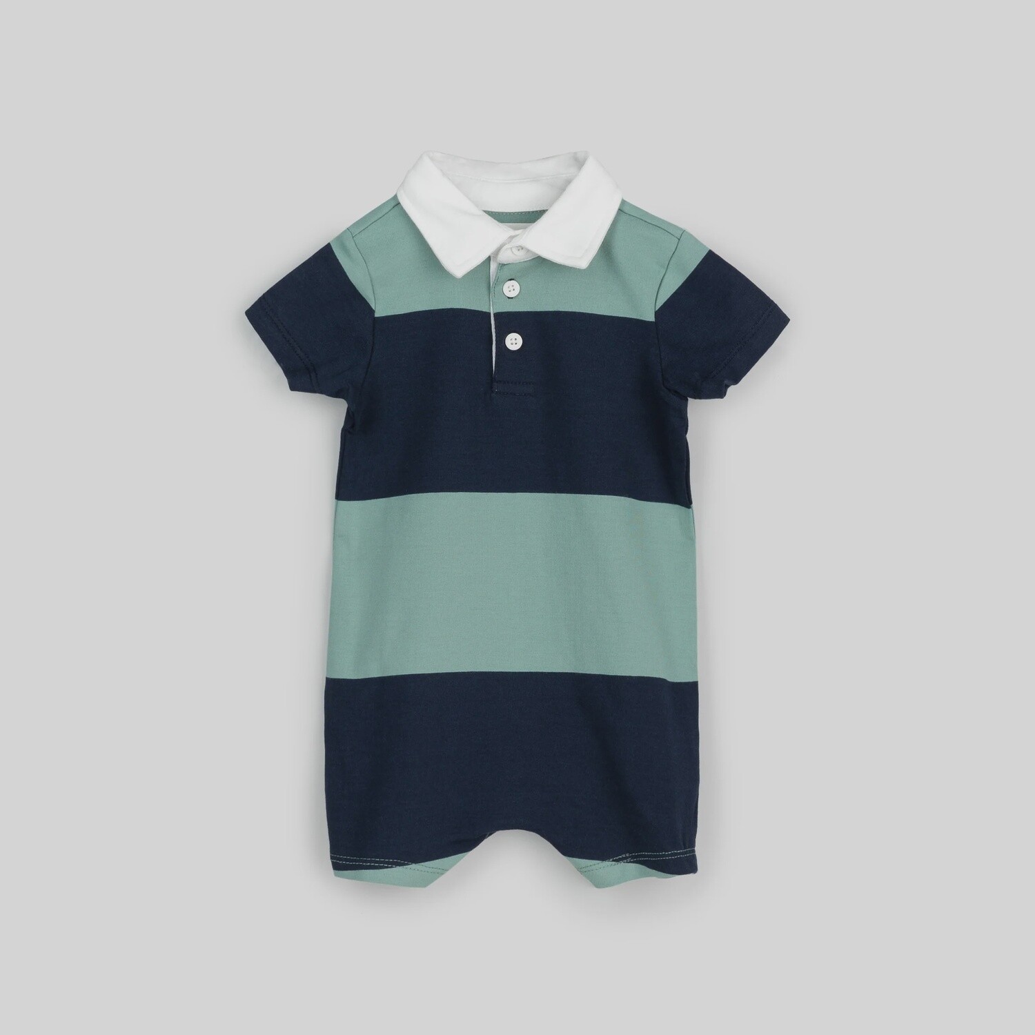 Baby Short Sleeve Rugby Romper - Navy and Seafoam Stripe, Size: 9M