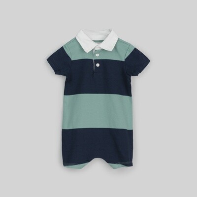 Baby Short Sleeve Rugby Romper - Navy and Seafoam Stripe