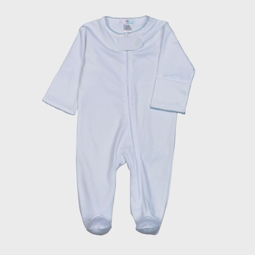 Baby Pima Footed Zip Sleeper - Blue Picot