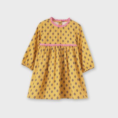 Long Sleeve Dress with Lace Trim - Yellow and Pink