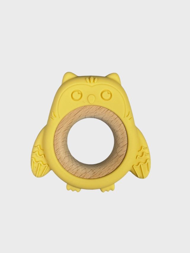 Silicone &amp; Beechwood Teether Ring Owl - Yellow