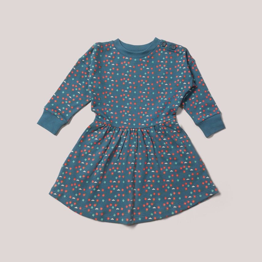 Toddler/Kids Long Sleeve Cotton Dress - Blue Flowers