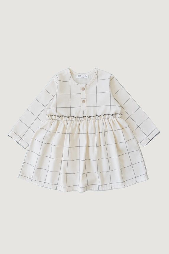 Baby Long Sleeve Cotton Dress - Beige Check