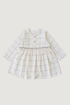 Baby Long Sleeve Cotton Dress - Beige Check
