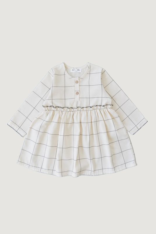 Baby Long Sleeve Cotton Dress - Beige Check