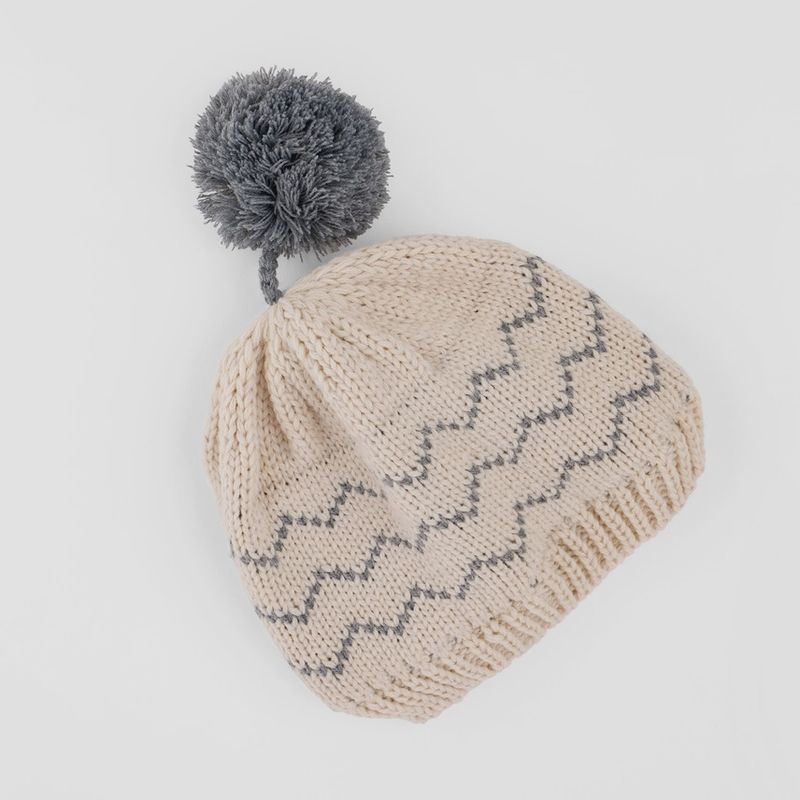 Toddler/Kids Fleece Lined Pom Beanie - Grey Zig Zag