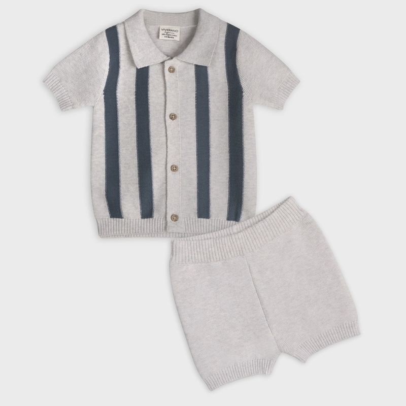 Baby Tennis Collar Knit Top &amp; Shorts Set - Heather Gray &amp; Navy Stripe