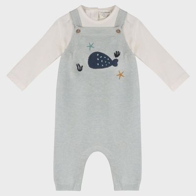 Baby Embroidered Knit Overall Set - Blue Whale
