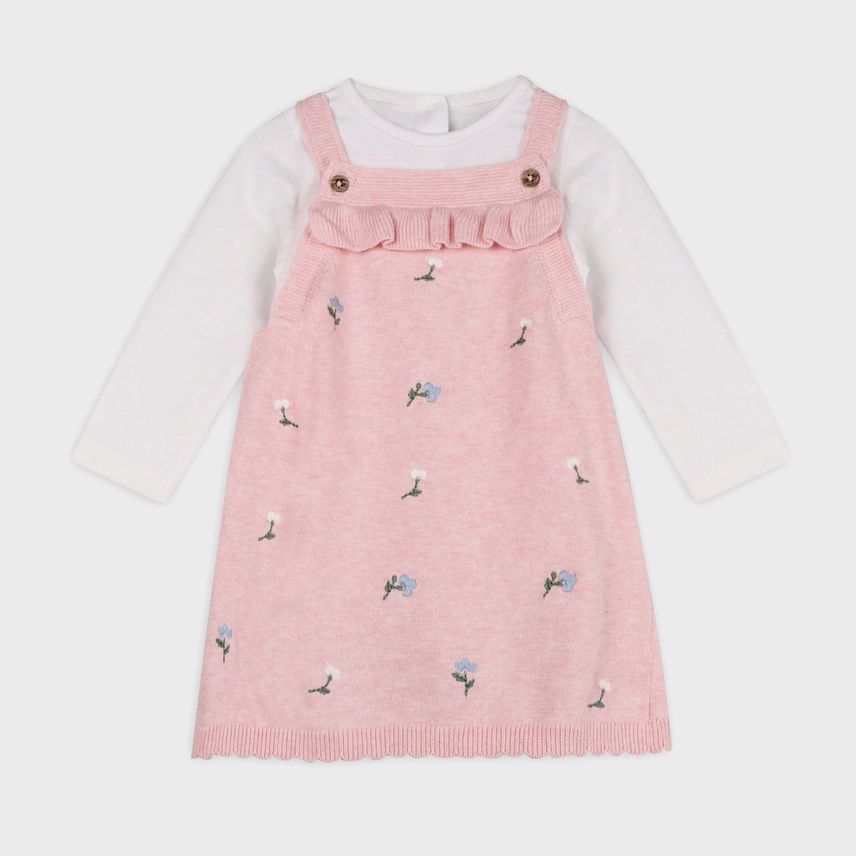 Baby Embroidered Knit Dress &amp; Long Sleeve Bodysuit Set - Pink Floral