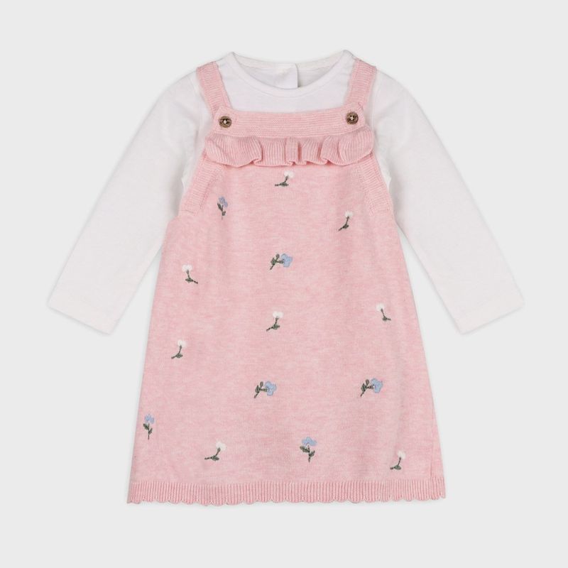 Baby Embroidered Knit Dress &amp; Long Sleeve Bodysuit Set - Pink Floral