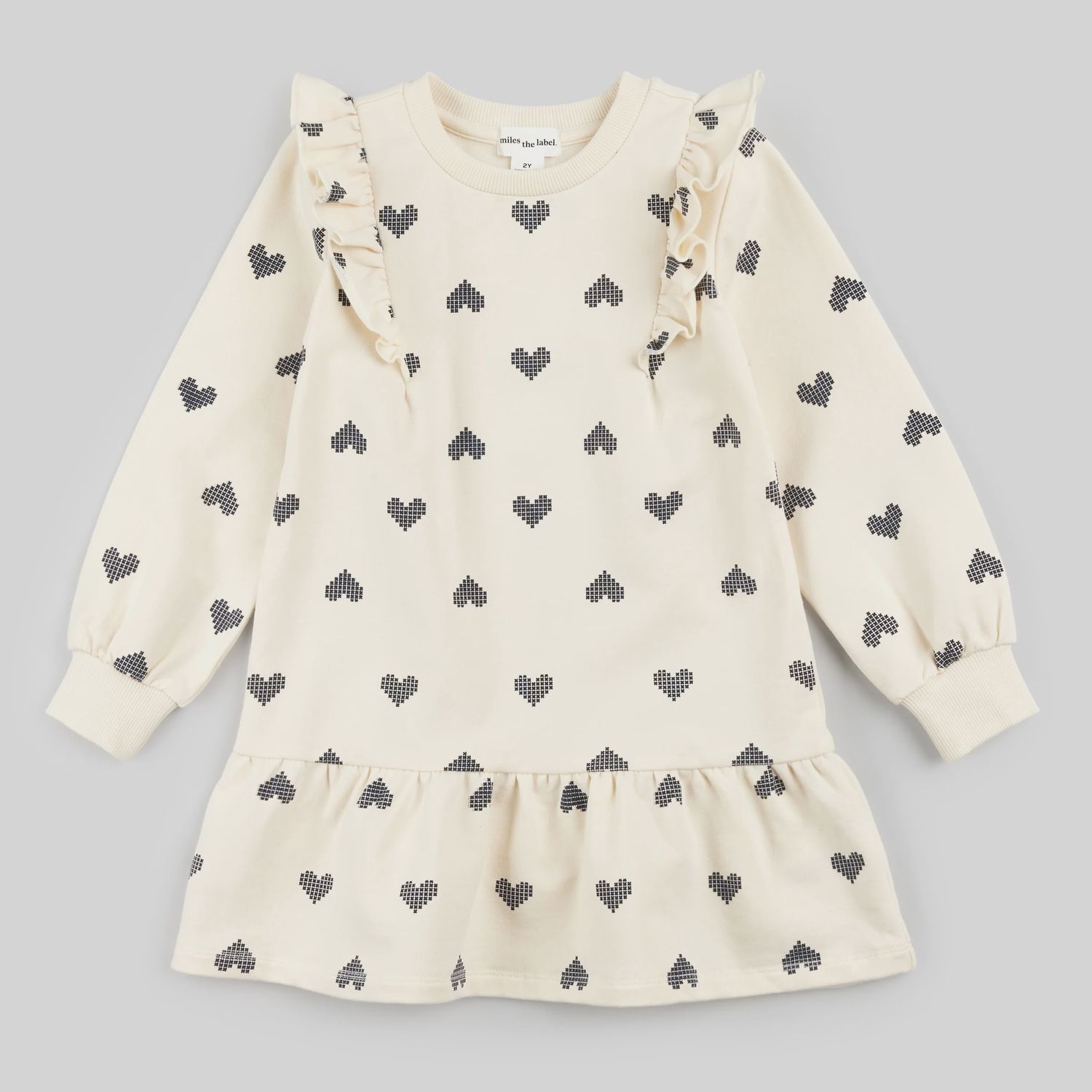 Girls Drop Waist Terry Dress - Pixelated Hearts on Birch