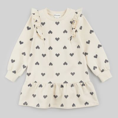 Girls Drop Waist Terry Dress - Pixelated Hearts on Birch