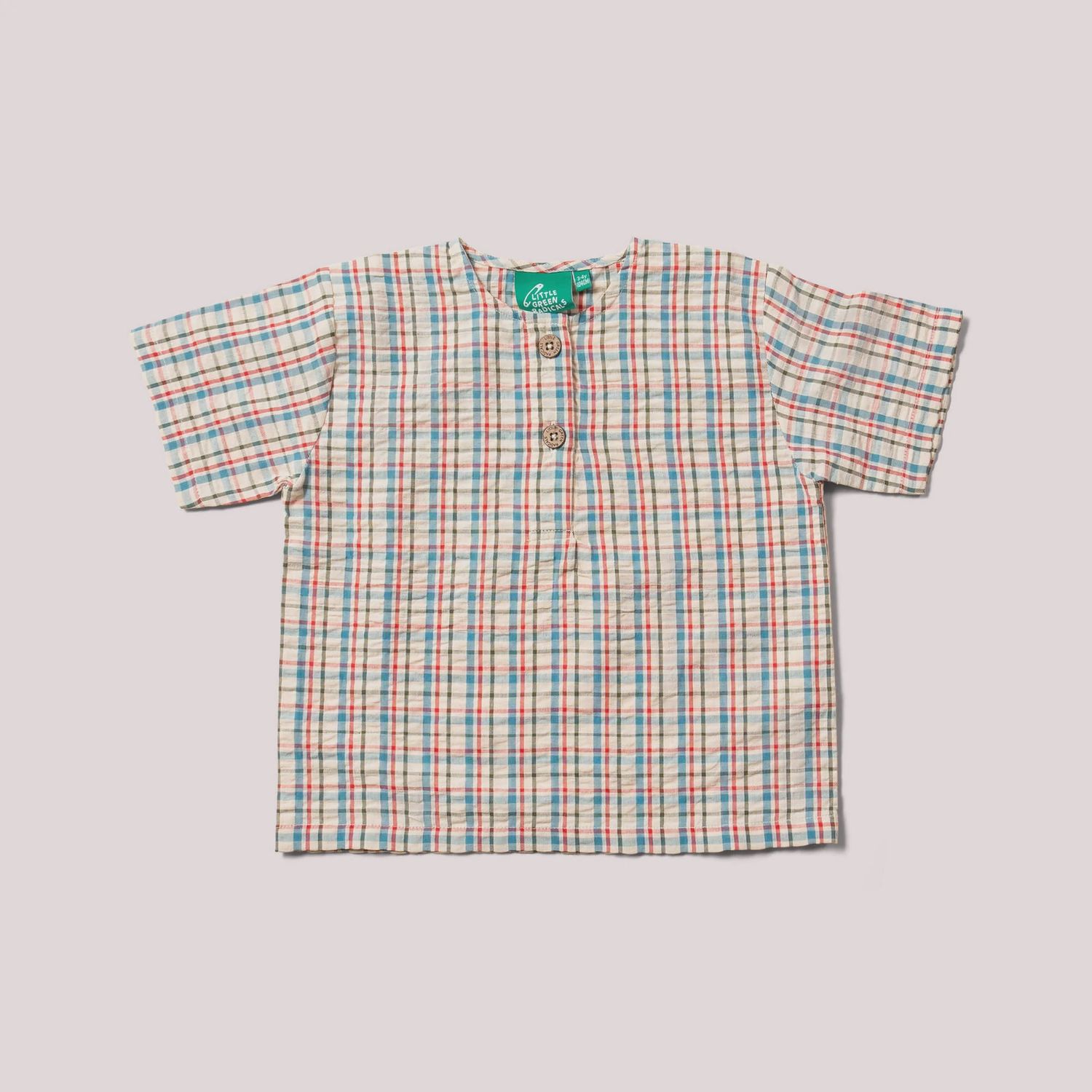 Organic Loose Short Sleeve Henley Top - Checked Seersucker