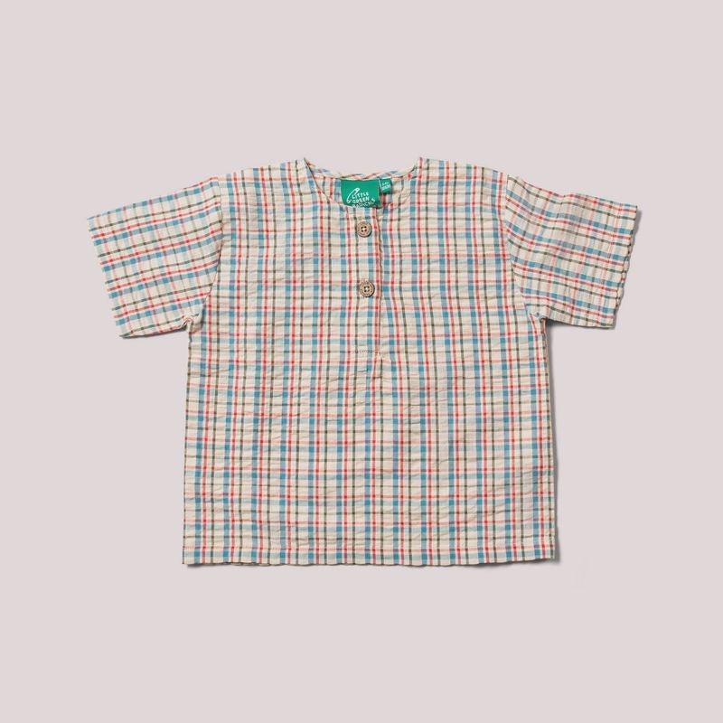 Organic Loose Short Sleeve Henley Top - Checked Seersucker