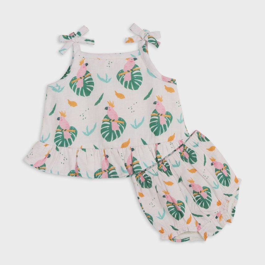 Baby Muslin Cotton Sleevless Top &amp; Bloomer Set - Parrot