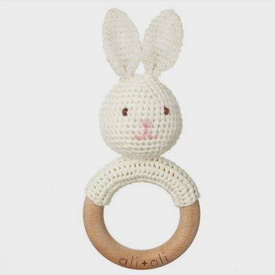 Wood &amp; Crochet Teething Rattle - Bunny