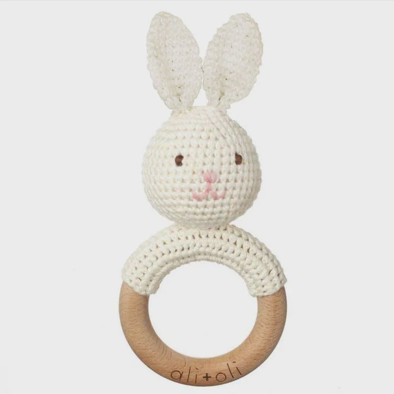 Wood &amp; Crochet Teething Rattle - Bunny