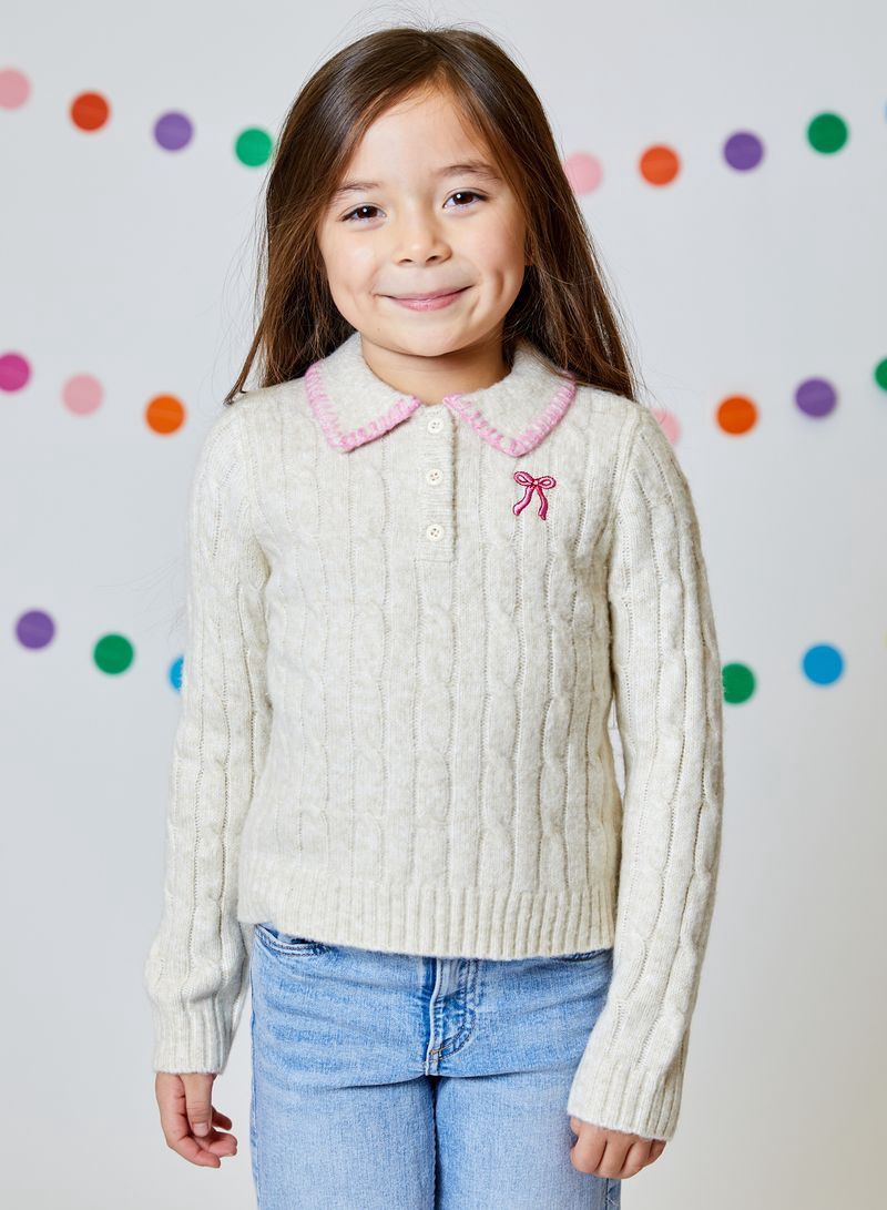 Girls Cable Knit Sweater with Collar - Tan