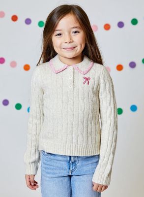 Cable Knit Sweater with Collar - Tan