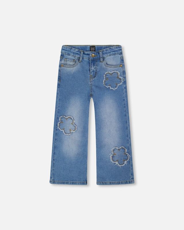 Wide Leg Jeans - Flower Stitching