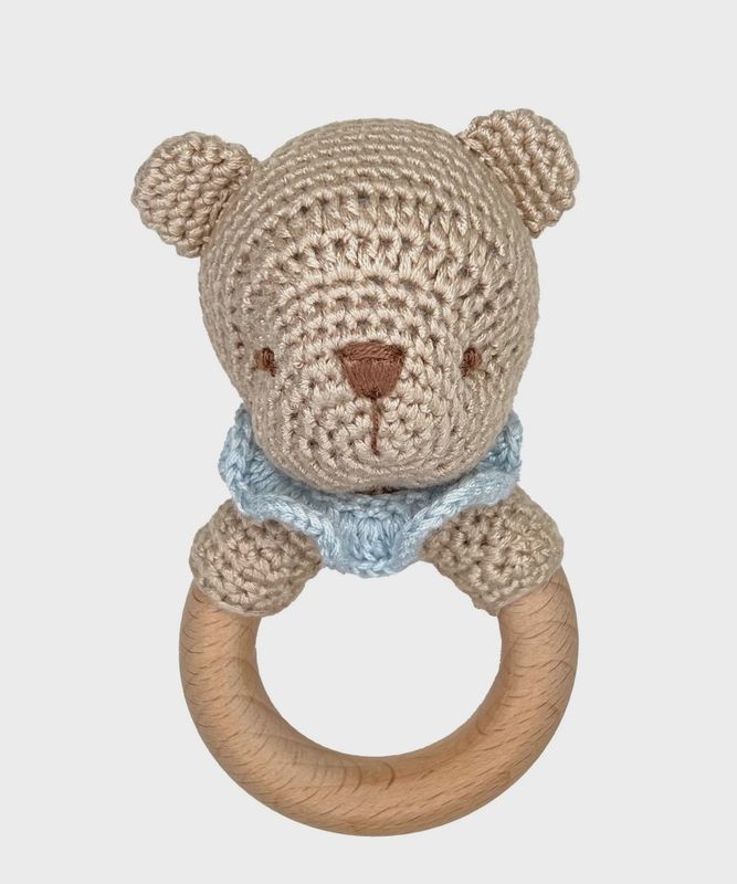 Bear Bamboo Crochet Wood Ring Rattle - 5"