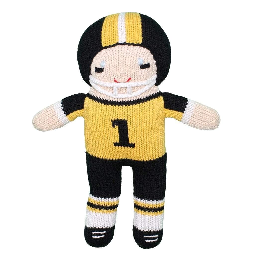 Black &amp; Gold Football Player Knit Rattle - 7&quot;