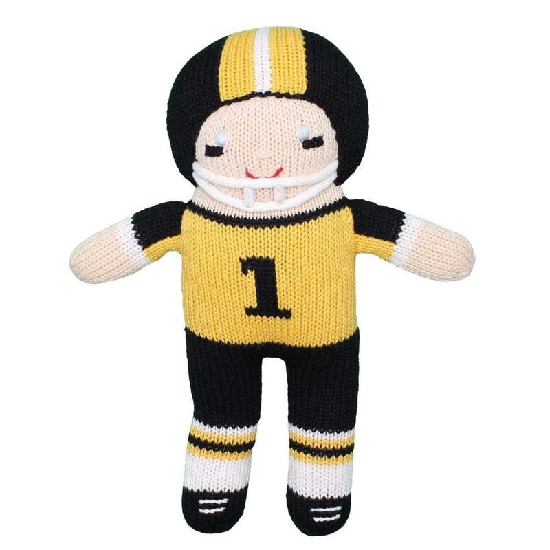 Black &amp; Gold Football Player Knit Rattle - 7"