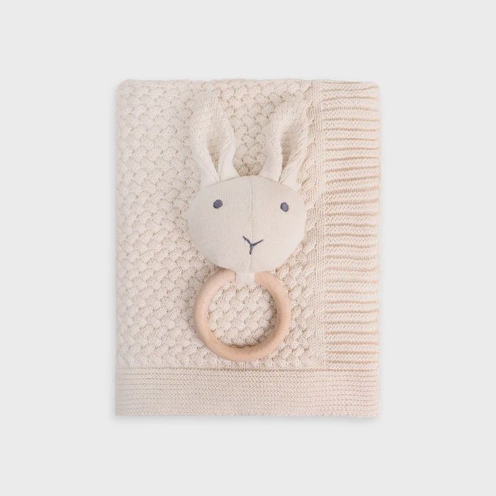 Knit Baby Blanket &amp; Bunny Rattle Gift Set - Natural