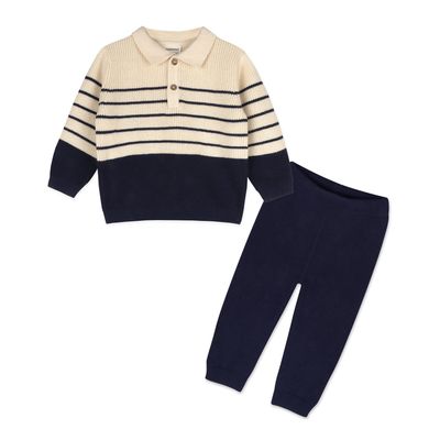 Knit Polo Sweater &amp; Pants Set - Navy Blue