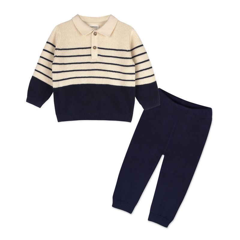 Knit Polo Sweater &amp; Pants Set - Navy Blue