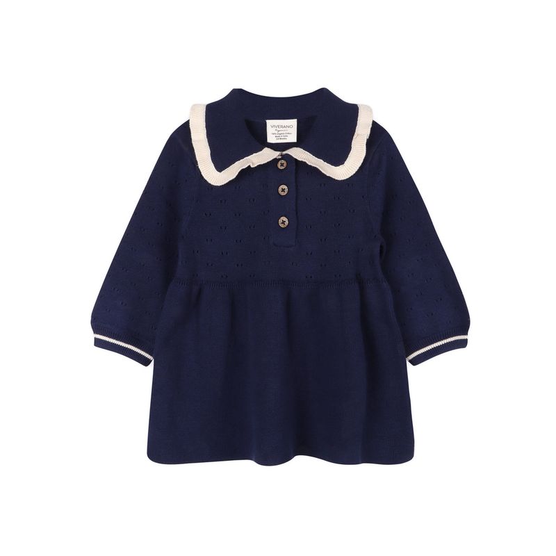 Knit Dress with Ruffle Collar - Navy Blue