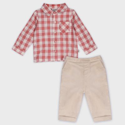 Gingham Shirt &amp; Corduroy Pants Set - Cranberry Rust