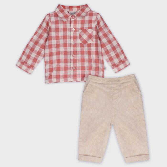 Gingham Shirt &amp; Corduroy Pants Set - Cranberry Rust