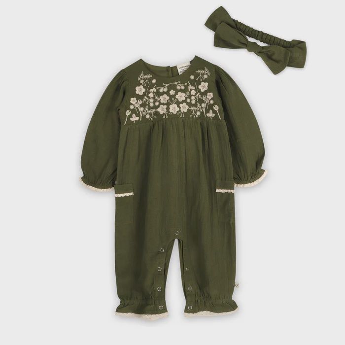 Linen Blend Embroidered Jumpsuit &amp; Headband - Olive Green