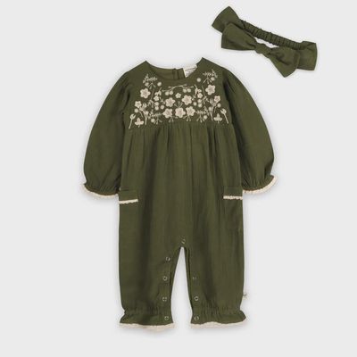 Linen Blend Embroidered Jumpsuit &amp; Headband - Olive Green
